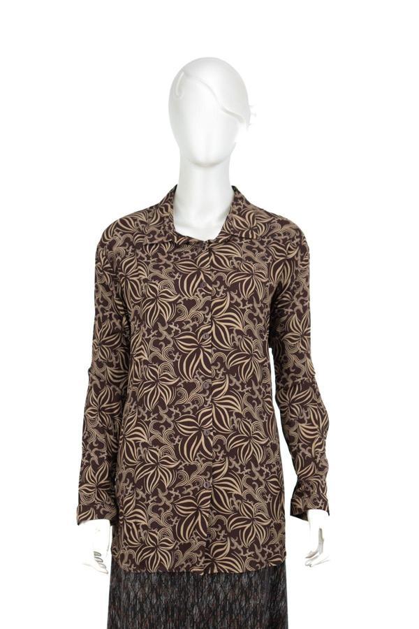 Oppland Kadın %100 Pamuk Kumaş Klasik Anne Gömlek Manolya Desenli Düğmeli Rahat Kesim Tam Kalıp Sütlü Kahverengi 56 - Image 1