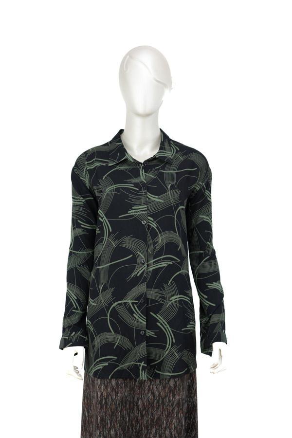 Oppland Kadın %100 Pamuk Kumaş Klasik Anne Gömlek Şık Desenli Uzun Kol Düğmeli Rahat Kesim Tam Kalıp Yeşil 58 - Image 1