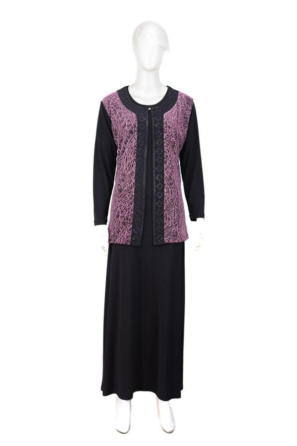 Oppland Kadın Sandy Kumaş İçli Dışlı Takım Anne Abiye Elbise Şık Simli Ve Broşlu Tam Kalıp Likralı Eflatun 3XL - Image 1