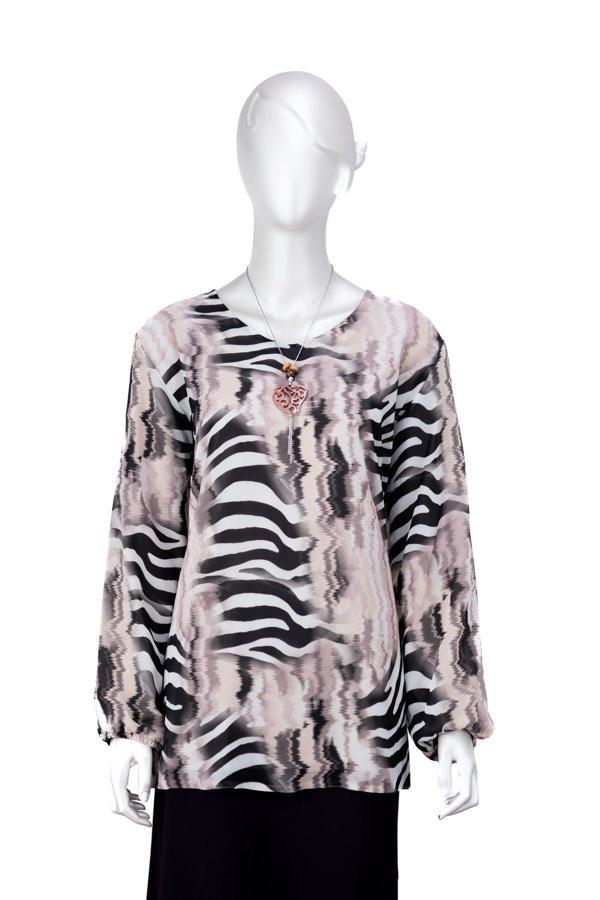 Oppland Kadın Klasik Şifon Anne Bluz Viskoz Kumaş Deniz Desenli Kolyeli Uzun Kollu Astarlı Tam Kalıp Kahverengi 2XL - Image 1