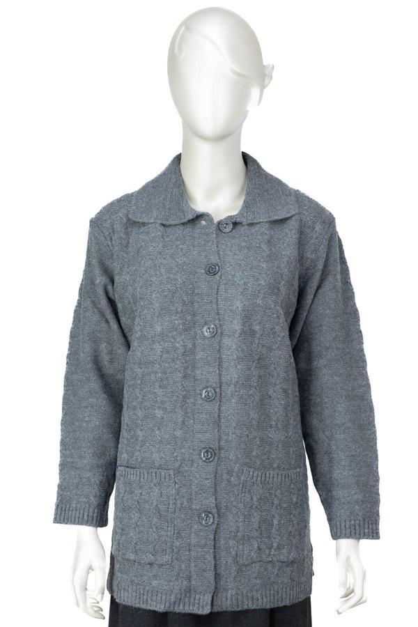 Oppland Kadın Klasik Yün Anne Hırka Çift Cepli Rahat Kesim Rahat Düğmeli Tüylenmez Bukletim Desenli Gri M - Image 1