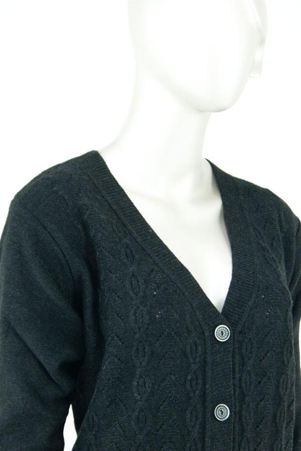 Oppland Kadın Kışlık Motifli V Yaka Düğmeli Çift Cepli Rahat Kesim Yün Dokuma Kalın Anne Hırka Füme XL - Image 1