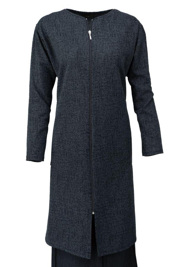Oppland Kadın Kışlık Anne Uzun Hırka Pamuklu Fermuarlı V Yaka Çift Cepli Likralı Yasemen Modelli Füme 4XL - Image 1