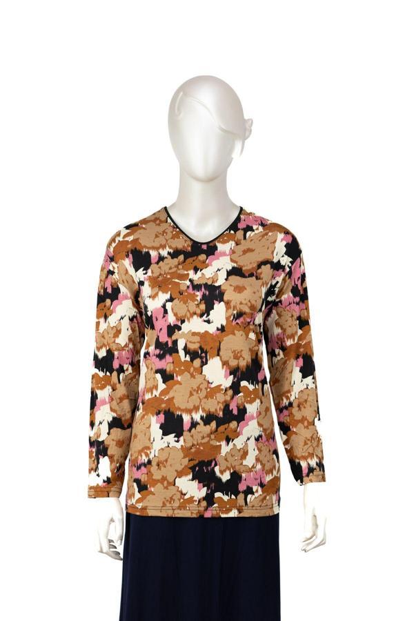 Oppland Kadın Turlu Viskon Penye Kumaş Anne Bluz Kadife Çiçeği Desenli Hafif V Yaka Tam Kalıp Kahverengi L - Image 1