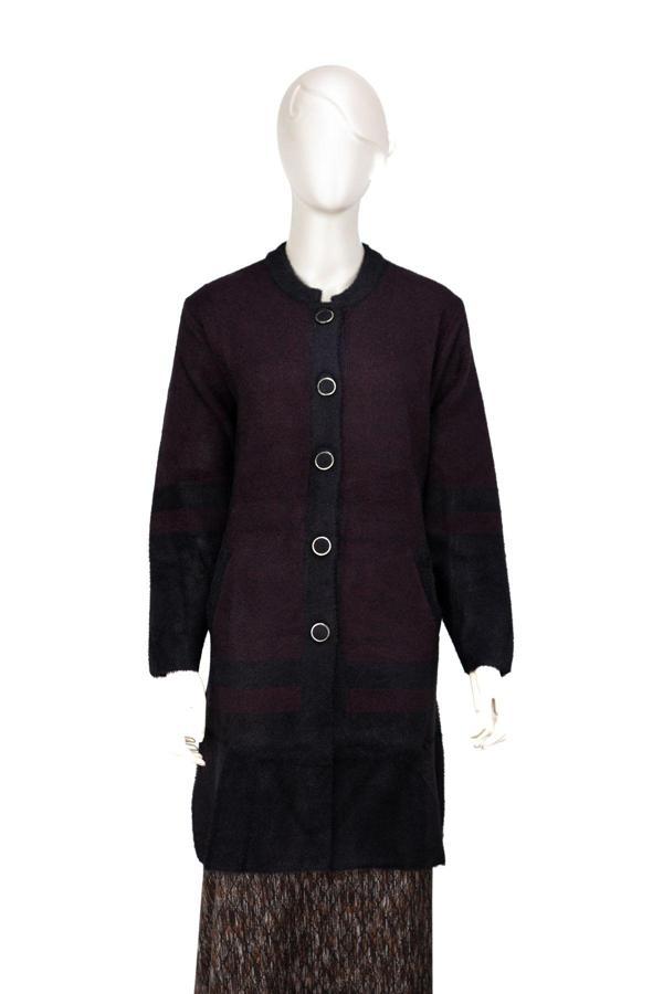 Oppland Kadın Kışlık Kalın Angora Yün Örme Anne Uzun Hırka Düğmeli Cepli Tam Kalıp Yuvarlak Yakalı Bordo L - Image 1