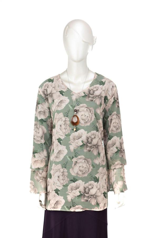Oppland Kadın Klasik Şifon Anne Bluz Viskoz Kumaş Gül Desenli Kolyeli Uzun Kollu Astarlı Tam Kalıp Yeşil 2XL - Image 1