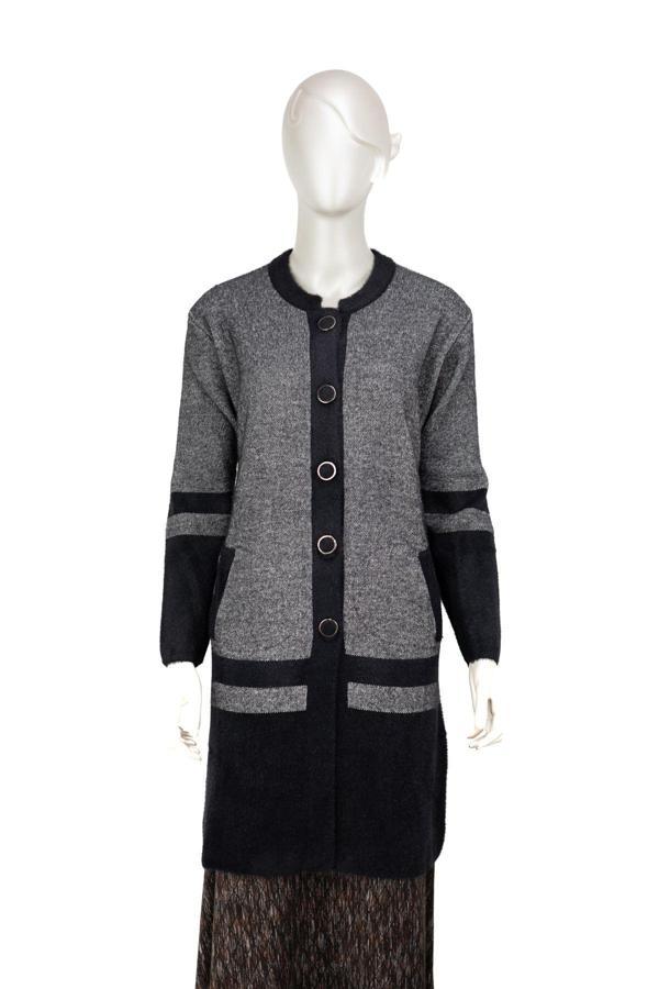 Oppland Kadın Kışlık Kalın Angora Yün Örme Anne Uzun Hırka Düğmeli Cepli Tam Kalıp Yuvarlak Yakalı Gri L - Image 1