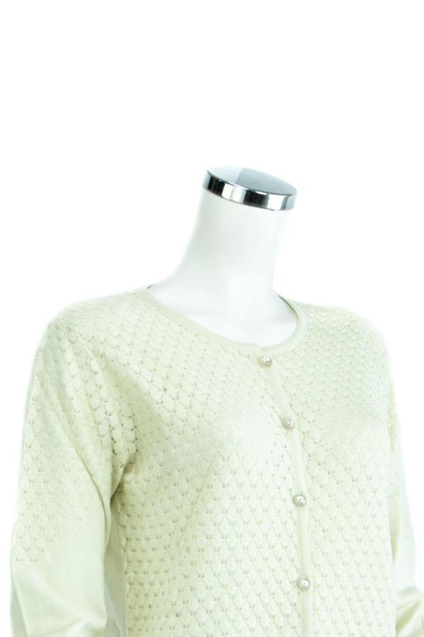 Oppland Kadın Krem Mevsimlik Uzun Kol Yuvarlak Yaka Boydan Düğmeli Likralı Triko Dokuma Hırka Krem M - Image 1