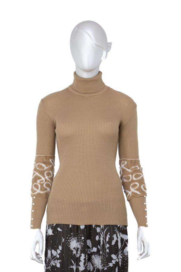 Oppland Kadın Kışlık Kolları Şık Boncuklu Tam Boğazlı Yaka Bedene Oturan Örme Triko Badi Kazak Sütlü Kahverengi Standart - Image 1