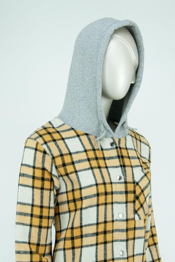 Oppland Kadın Ekose Desenli Önü Düğmeli Cepli Kapüşonlu Uzun Kollu Pamuklu Şardonlu Oduncu Gömleği Sarı M - Image 1