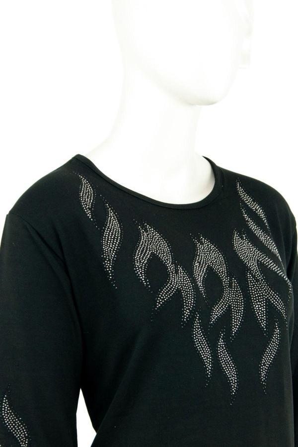 Oppland Kadın Taşlı Dal Desenli Uzun Kollu Yuvarlak Yaka Likralı Nergiz Kumaş Anne Ince Kazak Siyah S - Image 1