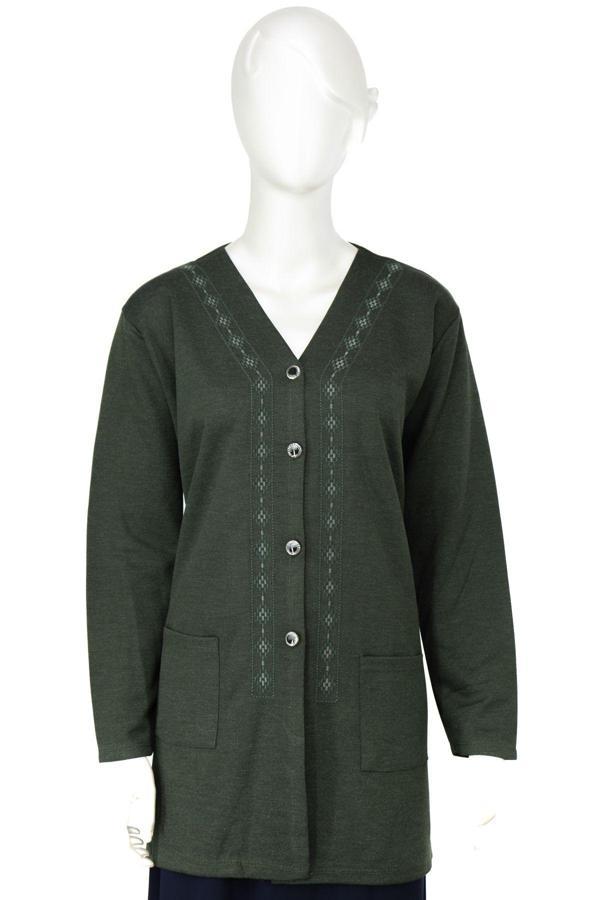 Oppland Kadın Kışlık Anne Hırka Modern Çiçek Nakışlı Ecrin Örme Önü Düğmeli Çift Cepli Likralı Haki 2XL - Image 1