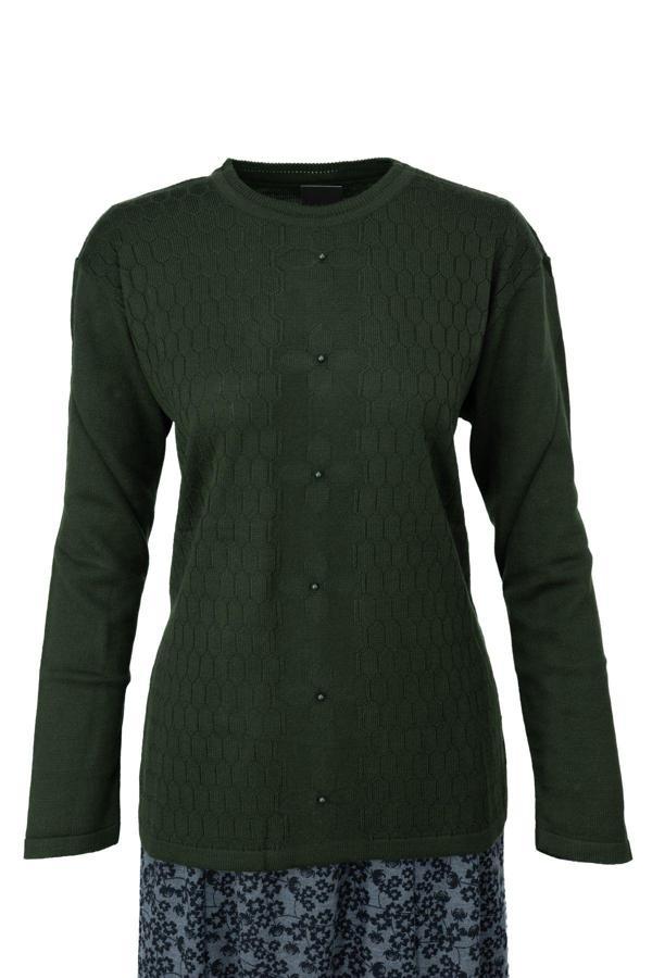 Oppland Kadın Kışlık Pamuklu Triko Dokuma Anne Kazak Boncuklu Bahçem Motifli Armut Yakalı Rahat Yeşil XL - Image 1