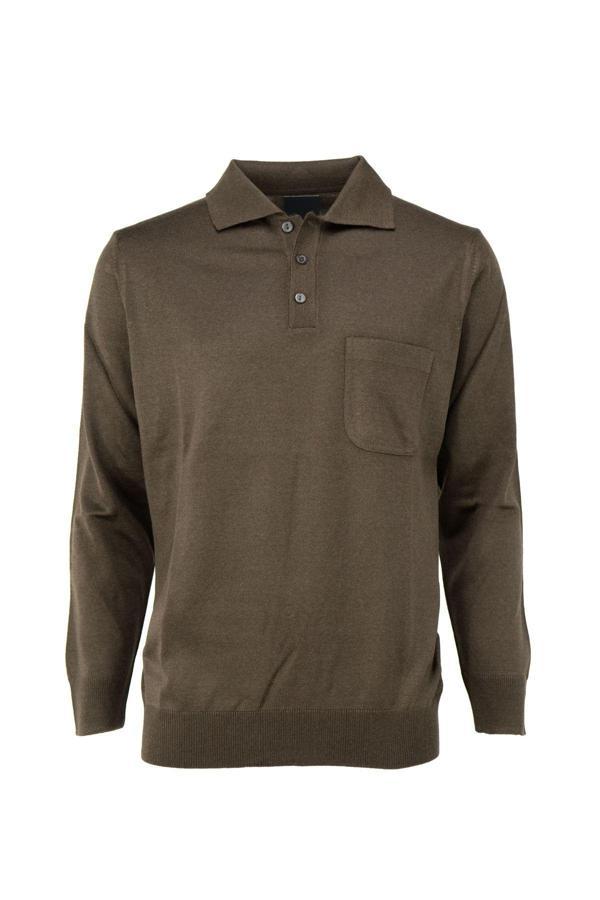 Oppland Erkek Uzun Kollu Polo Yaka Klasik Model Cepli Rahat Kesim Tam Kalıp Yünlü Dokuma Kazak Kahverengi 2XL - Image 1