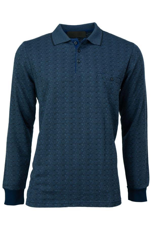 Oppland Erkek Mevsimlik Kazak Pamuklu Dokuma Düğmeli Polo Yaka Cepli Uzun Kollu Kırçıl Desenli Rahat Mavi XL - Image 1