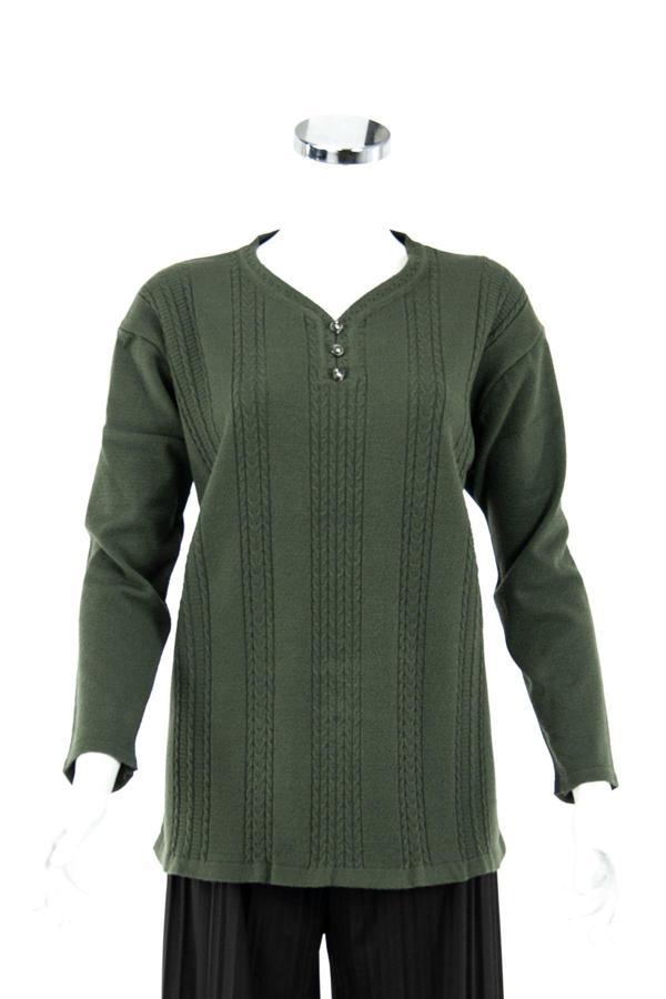 Oppland Kadın Yeşil Kışlık Armut Yaka Normal Kesim Likralı Pamuklu Kardelen Dokuma Anne Kazak Yeşil 3XL - Image 1