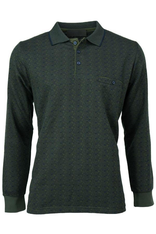 Oppland Erkek Mevsimlik Kazak Pamuklu Dokuma Düğmeli Polo Yaka Cepli Uzun Kollu Kırçıl Desenli Rahat Haki M - Image 1