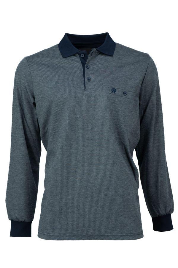Oppland Erkek Mevsimlik Kazak Pamuklu Düğmeli Polo Yaka Cepli Uzun Kollu Han Desenli Rahat Kesim Lacivert 3XL - Image 1
