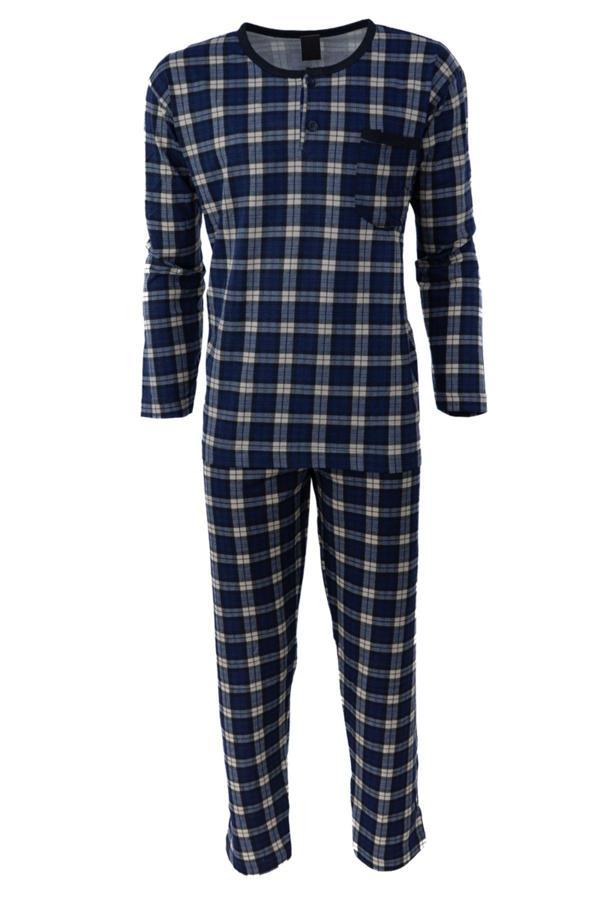 Oppland Yazlık Erkek Pijama Takımı %100 Pamuk Kumaş Ekose Model Desenli Bisiklet Yaka Cepli Rahat Lacivert L - Image 1