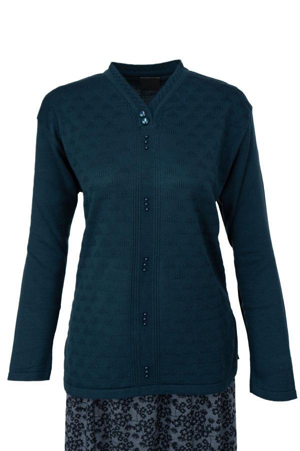 Oppland Kadın Kışlık Pamuklu Triko Dokuma Anne Kazak Boncuklu Piramit Motifli Armut Yakalı Rahat Petrol Mavisi 2XL - Image 1