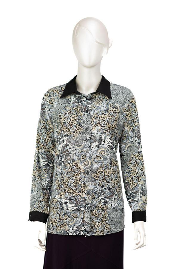 Oppland Kadın Likrasız Kumaş Anne Gömlek Ebru Desenli Uzun Kollu Vatkalı Tam Kalıp Rahat Kesim Siyah L - Image 1