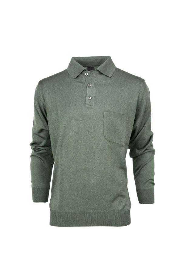 Oppland Erkek Uzun Kollu Polo Yaka Klasik Model Cepli Rahat Kesim Tam Kalıp Yünlü Dokuma Kazak Yeşil XL - Image 1