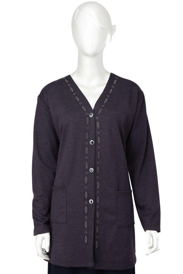 Oppland Kadın Kışlık Önü Modern Düğmeli Ve Çift Cepli Şık Taşlı Modelli Rahat Ecrin Kumaş Anne Hırka Mor 5XL - Image 1