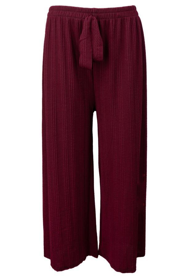 Oppland Kadın Pantolon Pamuklu Burgu Kumaş Beli Lastikli Saç Örgü Modelli Likralı Geniş Paça Vişne Standart - Image 1
