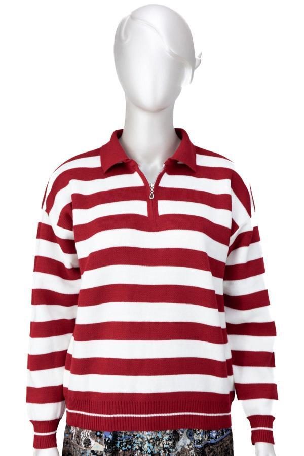 Oppland Kadın Kışlık Triko Kazak Over Size Standart Beden Fermuarlı Yaka Çizgi Motifli Kırmızı Standart - Image 1