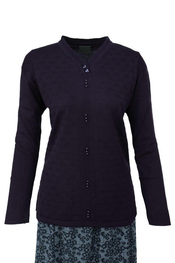 Oppland Kadın Kışlık Pamuklu Triko Dokuma Anne Kazak Boncuklu Piramit Motifli Armut Yakalı Rahat Mor XL - Image 1