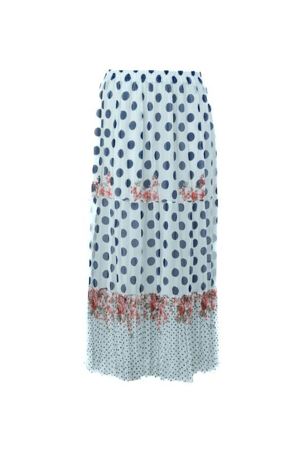 Oppland Kadın Bahar Puantiyesi Desenli Rahat Kesim Astarlı Likralı Üç Parçalı Premium Şifon Etek Nar Çiçeği Standart - Image 1