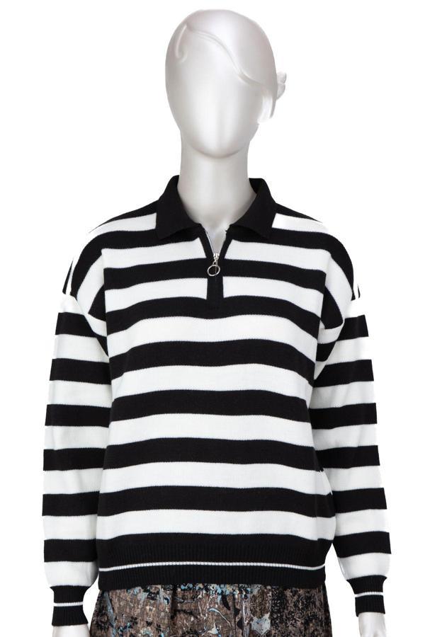 Oppland Kadın Kışlık Triko Kazak Over Size Standart Beden Fermuarlı Yaka Çizgi Motifli Siyah Standart - Image 1