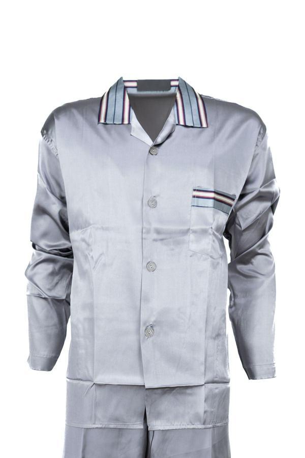 Oppland Erkek Klasik Model Saten Gecelik Gömlek Premium İpeksi Saten Kumaş Desenli Cepli Tam Kalıp Gri M - Image 1