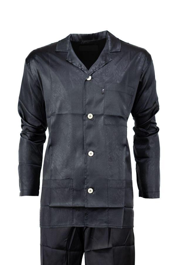 Oppland Erkek Klasik Model Saten Gecelik Gömlek Premium İpeksi Saten Kumaş Desenli Cepli Tam Kalıp Siyah M - Image 1