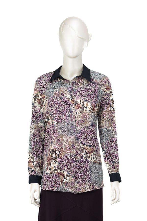 Oppland Kadın Likrasız Kumaş Anne Gömlek Ebru Desenli Uzun Kollu Vatkalı Tam Kalıp Rahat Kesim Eflatun 2XL - Image 1