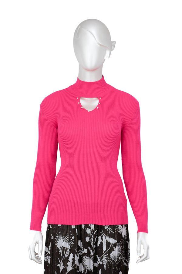 Oppland Kadın Kışlık Yarım Yakalı Ve Taşlı Yaka Açıklığı Bulunan Bedene Oturan Örme Triko Badi Kazak Fuşya Standart - Image 1
