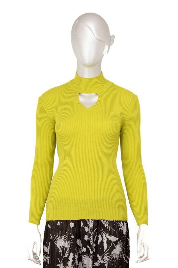 Oppland Kadın Kışlık Yarım Yakalı Ve Taşlı Yaka Açıklığı Bulunan Bedene Oturan Örme Triko Badi Kazak Hardal Standart - Image 1