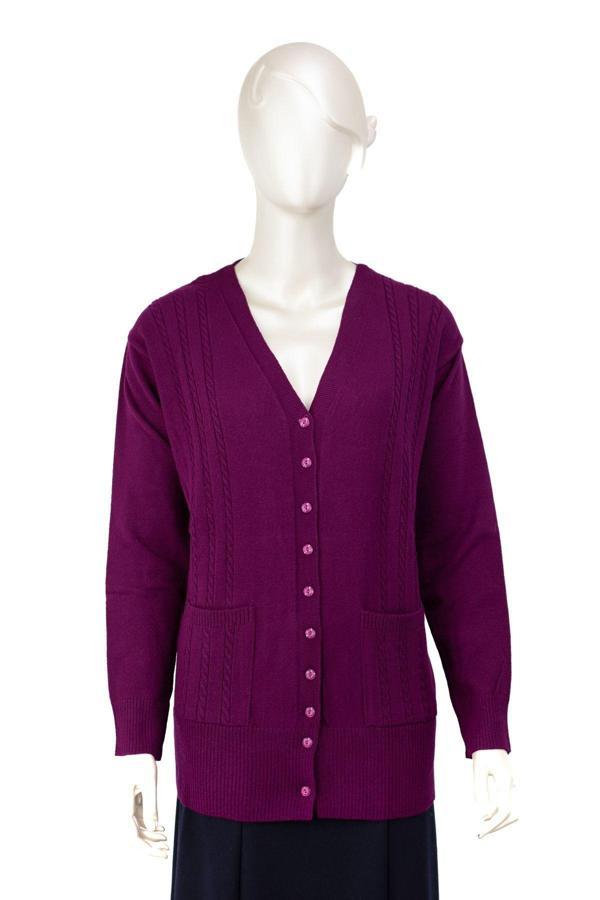 Oppland Kadın Kışlık Örgü Desenli Düğmeli Çift Cepli Uzun Kollu Likralı Kardelen Dokuma Anne Hırka Mürdüm XL - Image 1