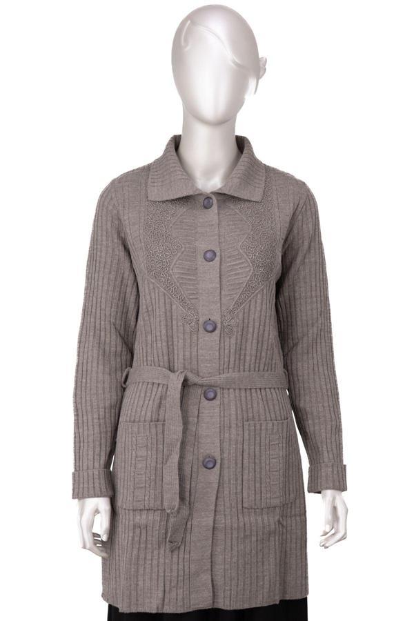 Oppland Kadın Kışlık Yünlü Örme Anne Hırka Bebe Yaka Hanedan Taşı Motifli Çift Cepli Düğmeli Likralı Sütlü Kahverengi L - Image 1