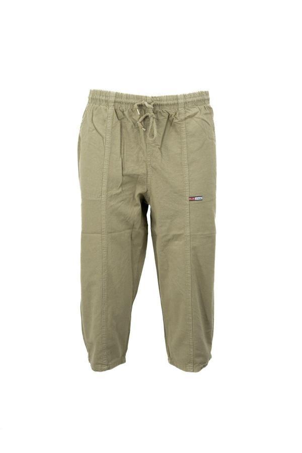 Oppland Erkek %100 Saf Pamuk Kumaş Kapri Düz Paça Yanlardan Cepli Beli Bağcıklı Rahat Tam Kalıp Taş Rengi M - Image 1