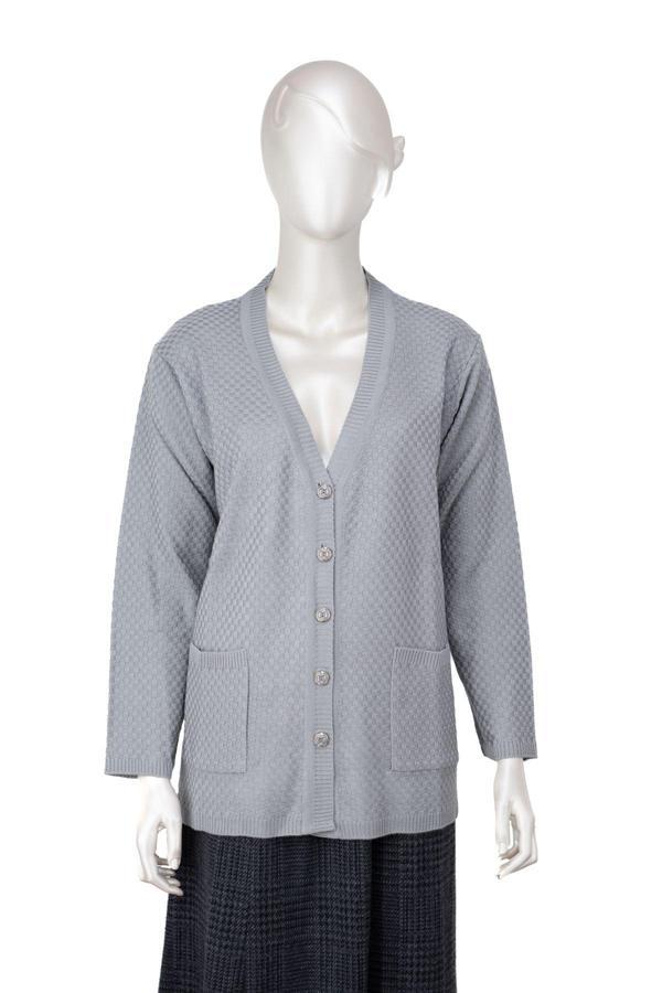 Oppland Kadın Mevsimlik Çelik Örme Anne Hırka Çift Cepli Düğmeli Klasik Rahat Kesim Tam Kalıp Gri M - Image 1