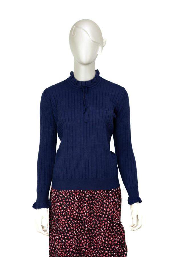 Oppland Kadın Pamuklu Örme Badi Kazak Likralı Esnek Çizgi Motifli Bağcıklı Yuvarlak Yakalı Uzun Kol Lacivert M - Image 1