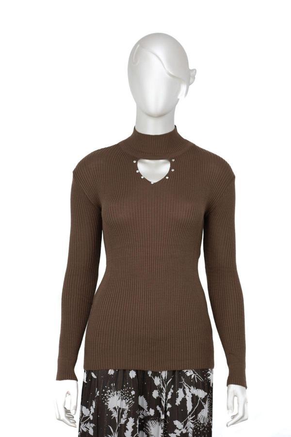 Oppland Kadın Kışlık Yarım Yakalı Ve Taşlı Yaka Açıklığı Bulunan Bedene Oturan Örme Triko Badi Kazak Kahverengi Standart - Image 1