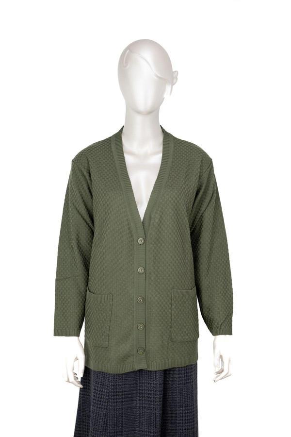 Oppland Kadın Mevsimlik Çelik Örme Anne Hırka Çift Cepli Düğmeli Klasik Rahat Kesim Tam Kalıp Yeşil XL - Image 1