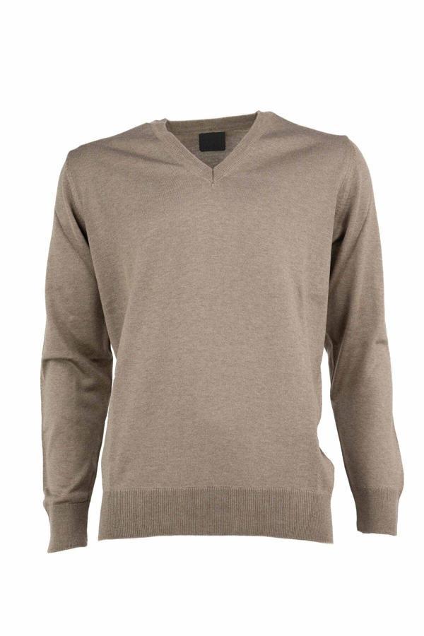 Oppland Erkek Uzun Kollu V Yakalı Düz Renk Klasik Model Rahat Kesim Tam Kalıp Yünlü Dokuma Kazak Sütlü Kahverengi S - Image 1