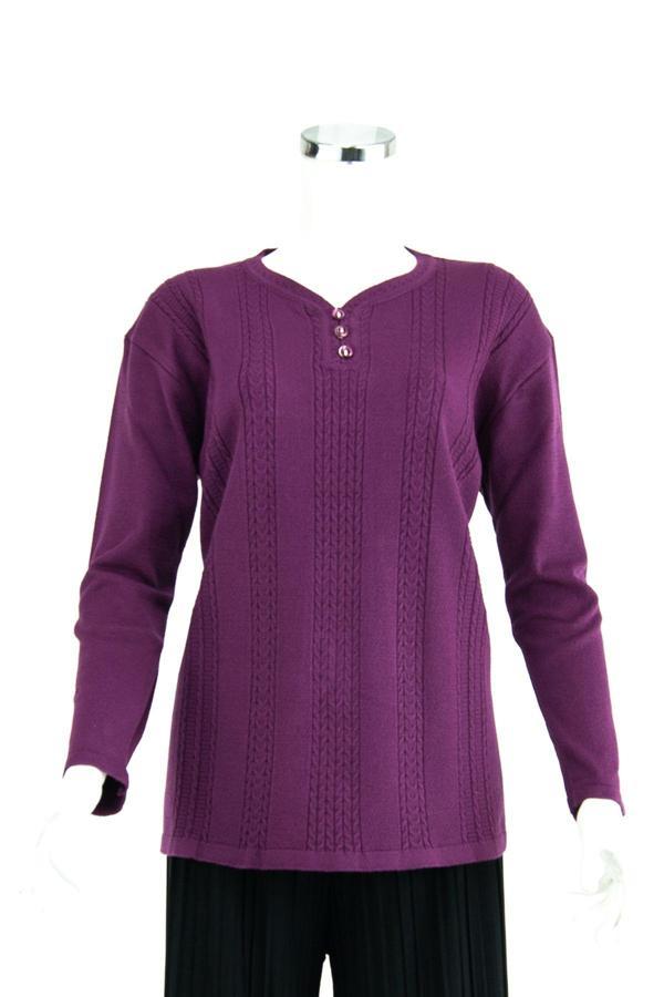 Oppland Kadın Kışlık Armut Yaka Üç Düğmeli Normal Kesim Likralı Pamuklu Kardelen Dokuma Anne Kazak Eflatun XL - Image 1