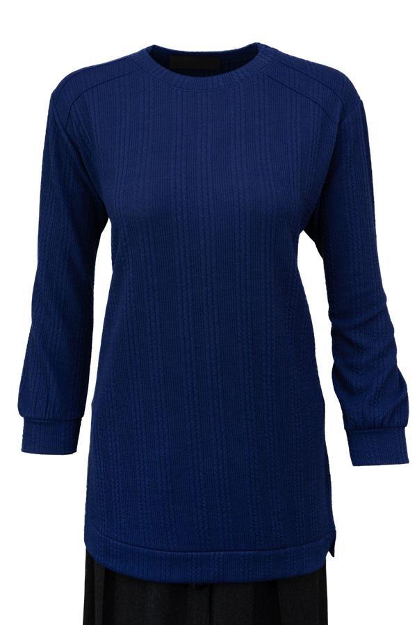 Oppland Kadın Kışlık Kazak Pamuklu Burgulu Kumaş Bisiklet Yaka Likralı Kendinden Desenli Rahat Mavi L - Image 1