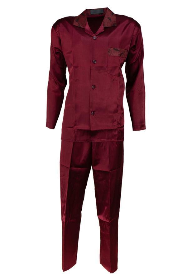 Oppland Erkek Şık Klasik Model Pijama Takımı Premium Saten Kumaş Eşsiz Model Cepli Tam Kalıp Bordo L - Image 1