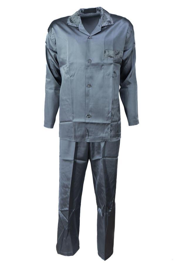 Oppland Erkek Şık Klasik Model Pijama Takımı Premium Saten Kumaş Eşsiz Model Cepli Tam Kalıp Gri M - Image 1