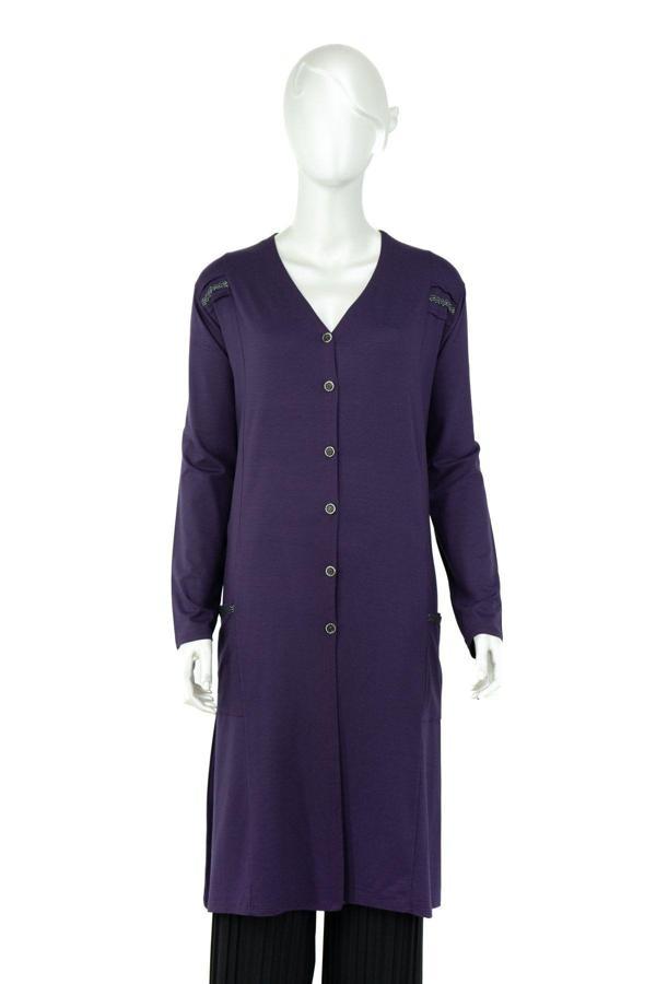 Oppland Kadın Önü Düğmeli Ve Çift Cepli Küpürlü Tam Kalıp V Yaka Turlu Viskon Penye Kumaş Anne Hırka Mor 3XL - Image 1